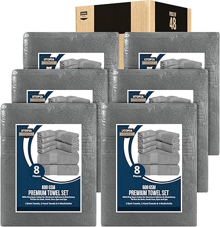 Utopia Towels 48-Piece Premium Towel Set, 12 Bath Towels, 12 Hand Towels, and 24 Wash Cloths, 100% Ring Spun Cotton Highly Absorbent Towels for Bathroom, Sports, and Hotel (Grey)